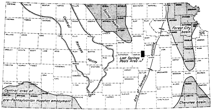 Study area west of Nemaha anticline, SE of Salina Basin and east of Central Kansas Uplift.