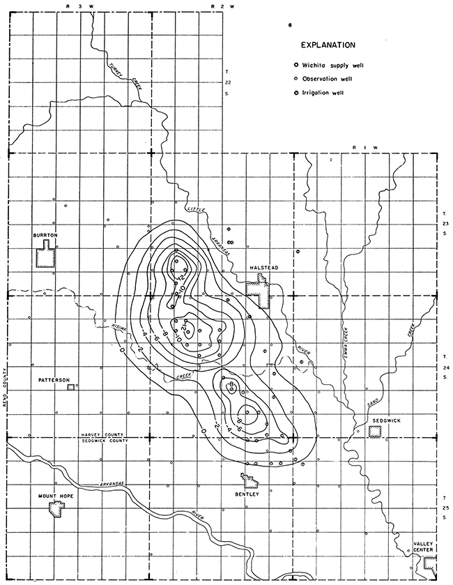 Map of well field showing lines of equal change in water level from August 30, 1940, to January 1, 1944.