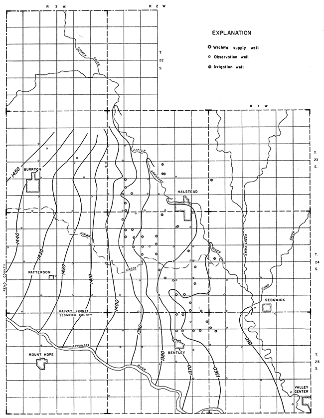 Contours on water table in well field, January 1, 1955.