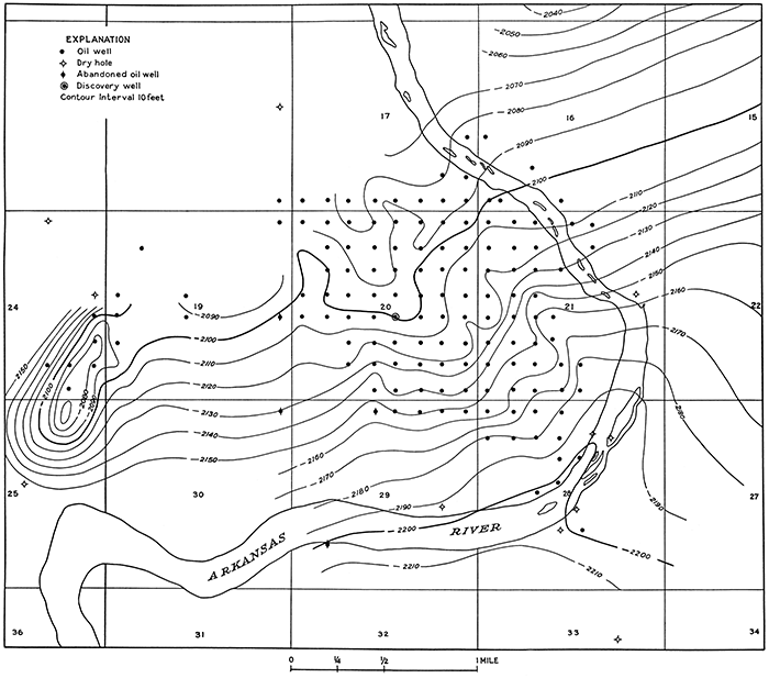 Contour map showing altitude of the top of the Mississippian lime in the Rainbow Bend field.