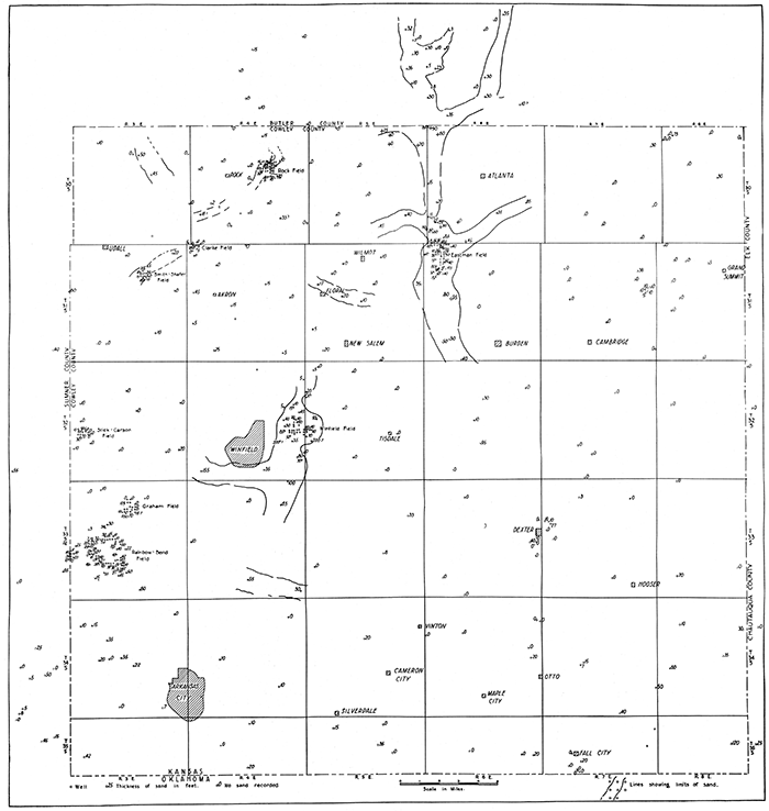 Sketch map showing distribution and thickness of sand at the Bartlesville horizon.
