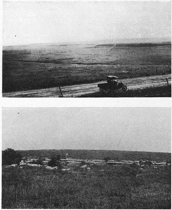 Two black and white photos; top is of bench formed by Cottonwood limestone; bottom is of outcrop of limestone beds in the lowermost 6 feet of the Florence flint.