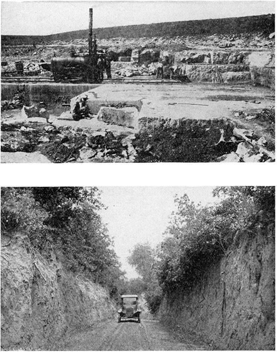 Two black and white photos; top is Silverdale quarry of the Arkansas City Sand and Gravel Company; bottom is road cut in loess in southern part of Cowley County.
