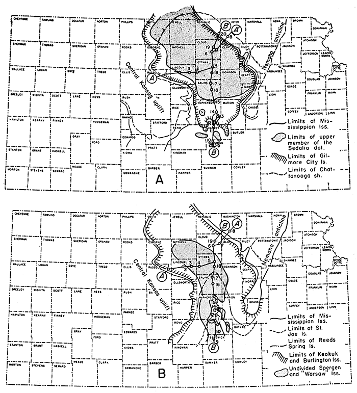 Maps showing the approximate distribution of the Mississippian formations in the Salina basin area.
