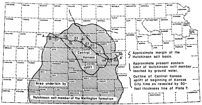 Map showing approximate area underlain by Hutchinson salt member of Wellington formation in Kansas in relation to Central Kansas uplift.