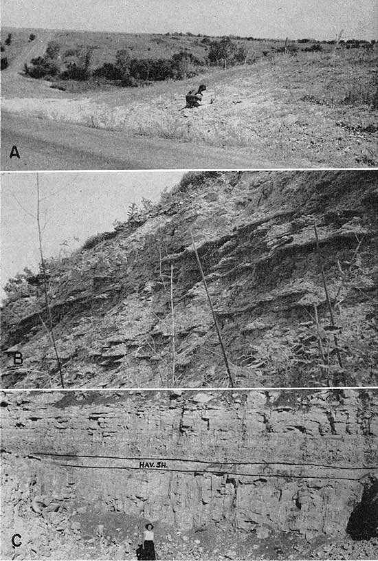 Three black and white photos showing shale in roadcuts.