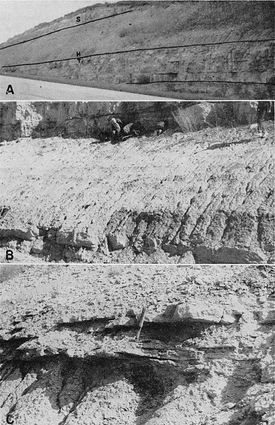 Three black and white photos showing exposures in roadcuts.