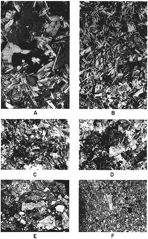 Black and white photos of intrusive and extrusive rocks of Precambrian age or later, in thin section.