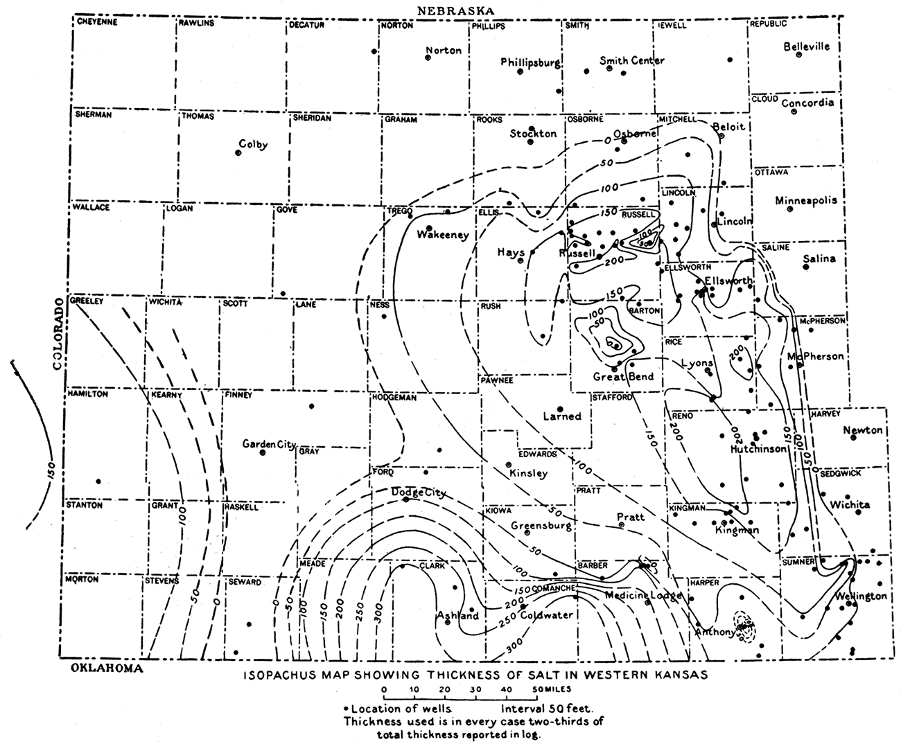 Isopachus map showing thickness of salt in western Kansas.