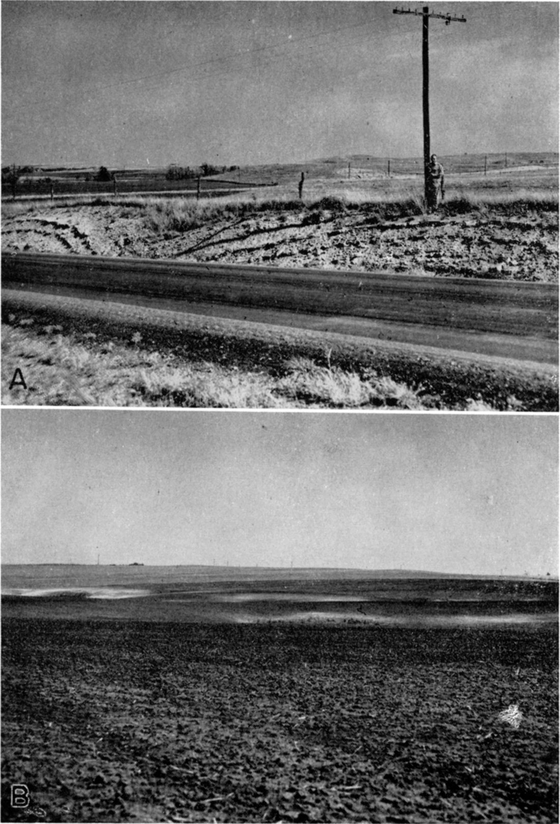 Two black and white photos; Limestone beds in Wellington formation, top is slump structure; bottom is of a plowed field.