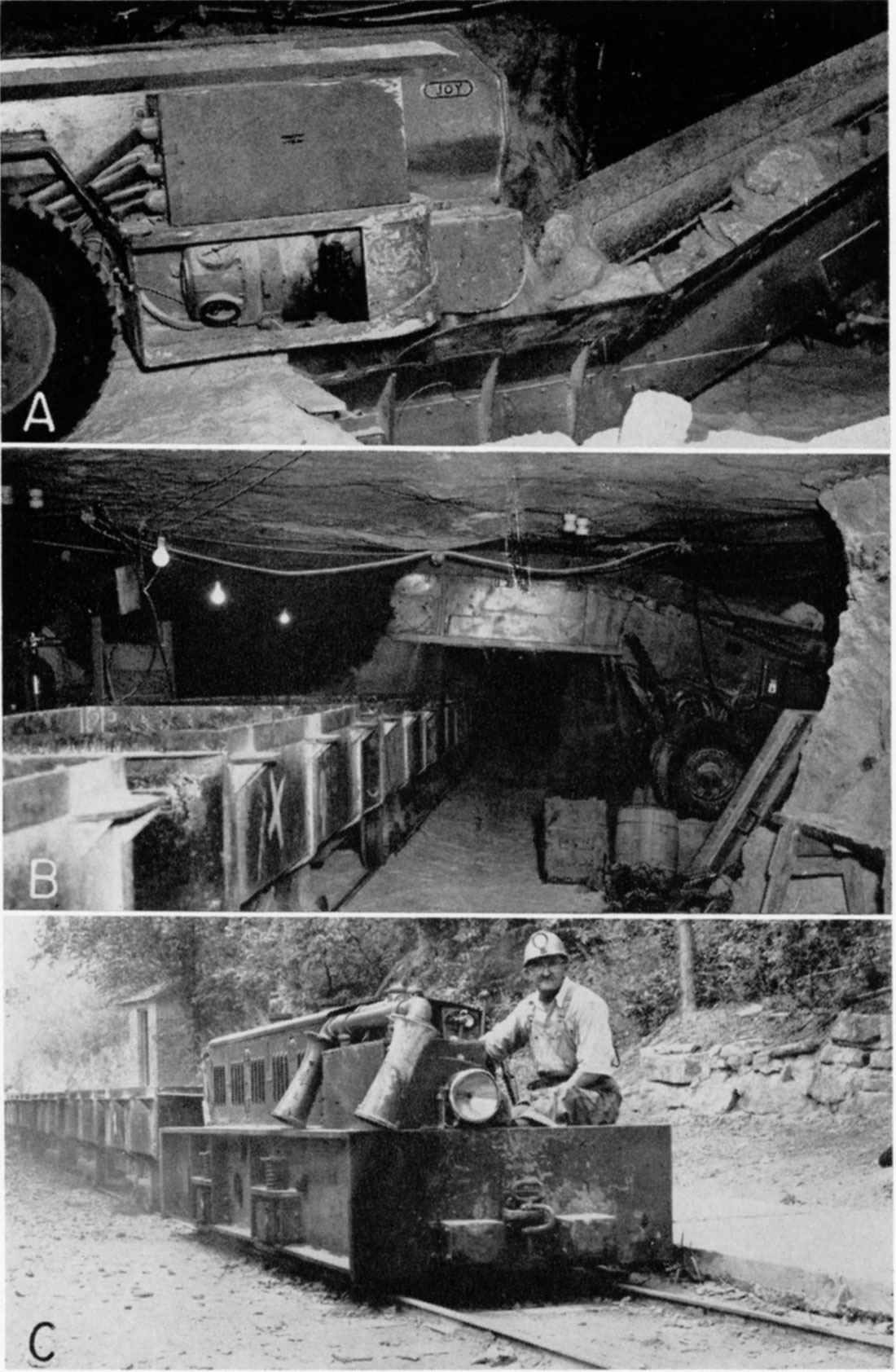 Three black and white photos; Equipment operating in Certainteed Products Company mine near Blue Rapids.