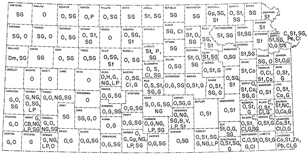 Map of Kansas showing mineral commodities produced in each county in 1958. Minerals are listed in order of value within counties.