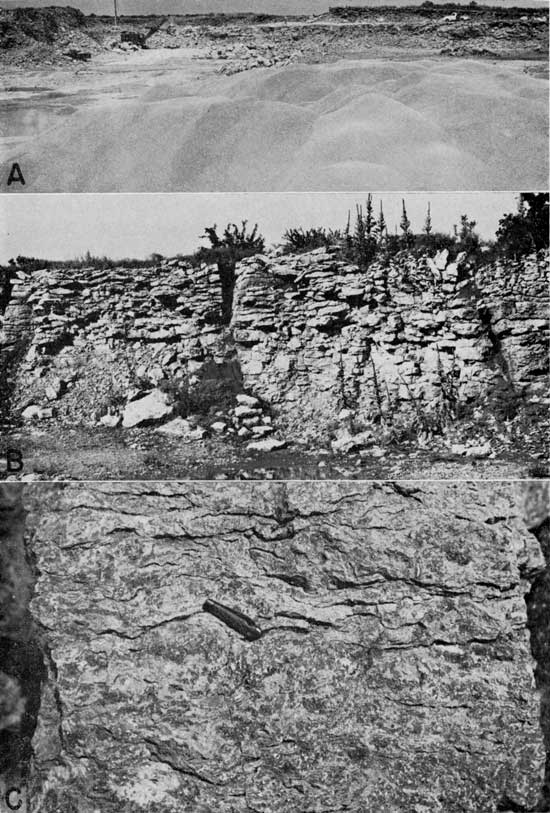 Three black and white photos; top is of tailing piles in small quarry, shovel working face of rock in background; middle is of limestone quarry face; bottom is closeup of crystalline limestone, pocket watch for scale.