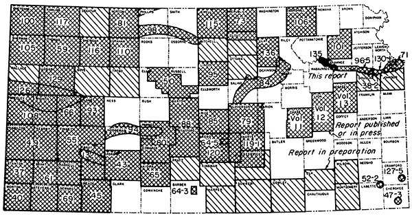 Map of Kansas showing locations of previous studies; this study covers Kansas River in eastern Kansas west of Topeka.