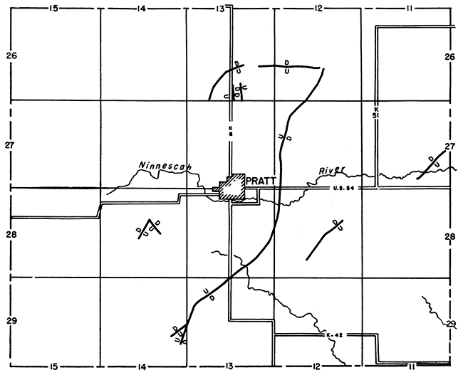 Map of Pratt County showing faults or suspected faults.