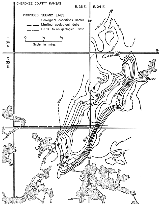 Map showing structure on base of Cherokee shale, southwest extension of Miami Trough.