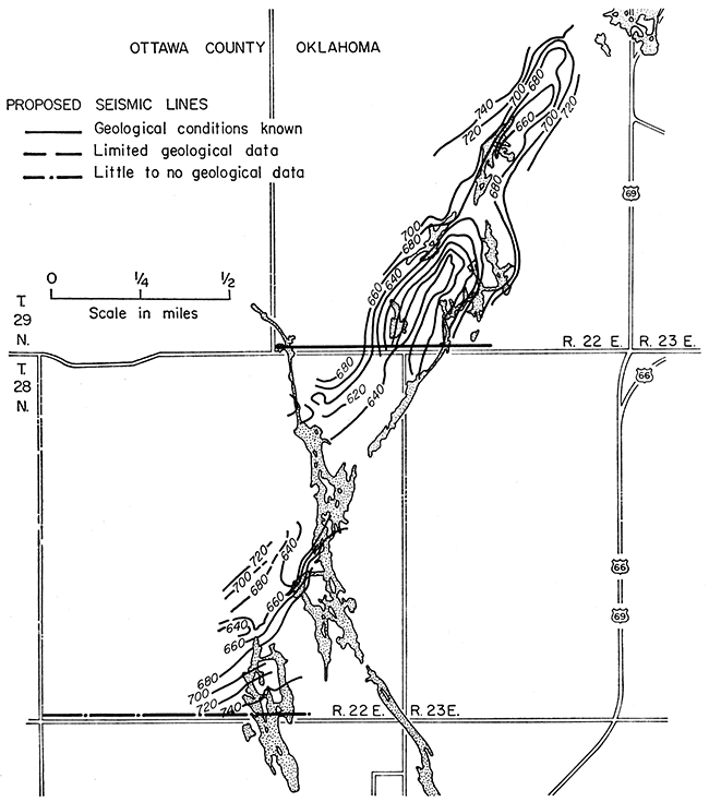 Map showing structure on base of Cherokee shale, northeast extension of Miami Trough.