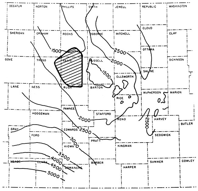 Map of western Kansas showing Central Kansas Uploft; Darby Petroleum seismic study covered much of Ellis County.