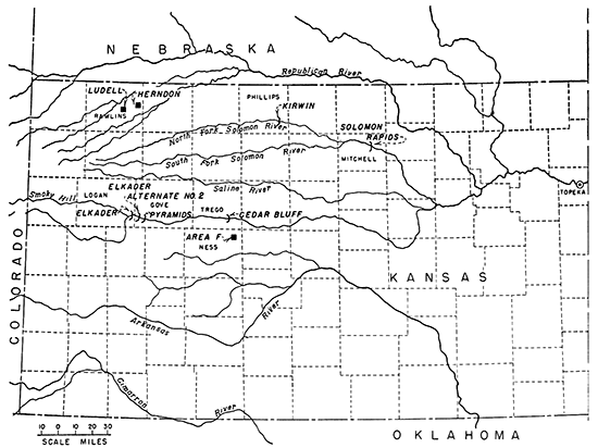 Map of Kansas west of Topeka; projects in western Kansas.