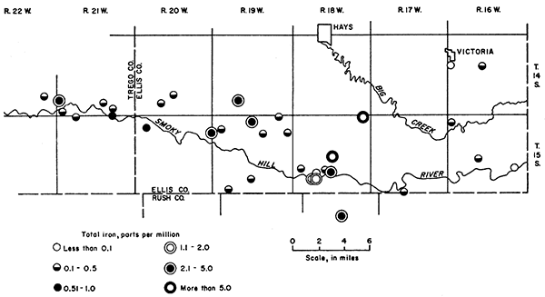 Plot of iron concentrations in water samples along Smoky Hill River and Big Creek.