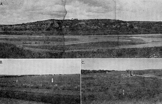 Three black and white photos; top is panorama of Smoky Hill River; bottom two are of Pfeifer Terrace and Schoenchen Terrace.