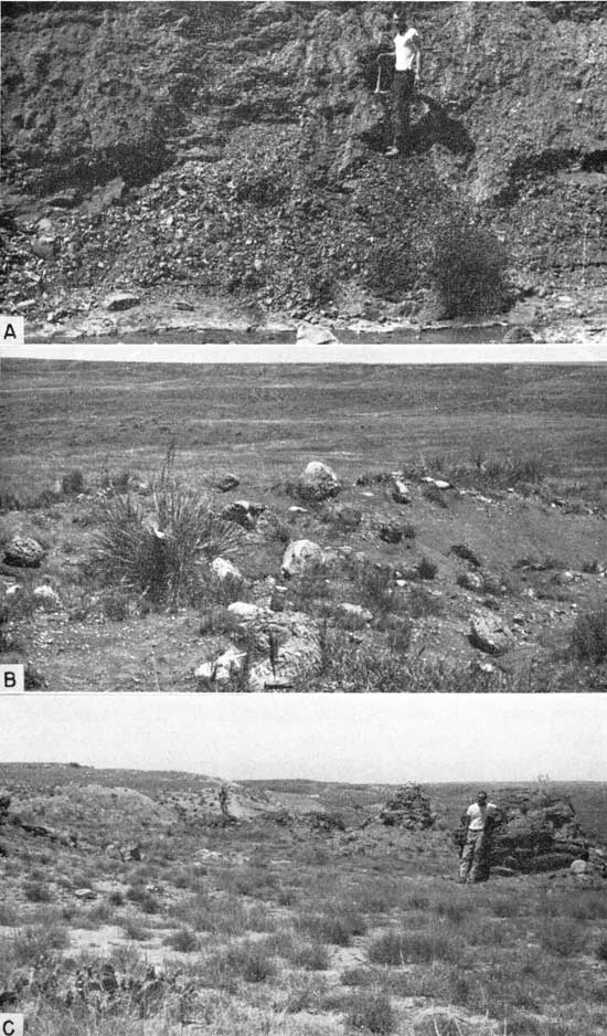 Three black and white photos; top is of dark shaly outcrop; bottom two show desert-like grasslands with concreations on surface.