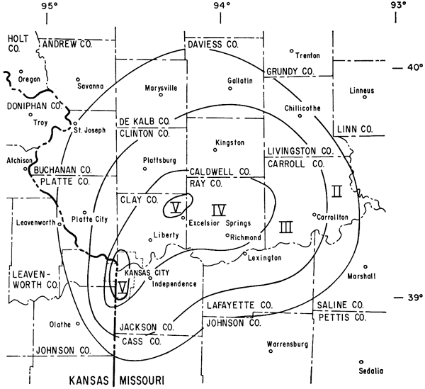 Map of NW missouri showing intensities centered on Jackson, Clay, and Ray counties, with highest values near Excelsior Springs and Kansas City, MO.