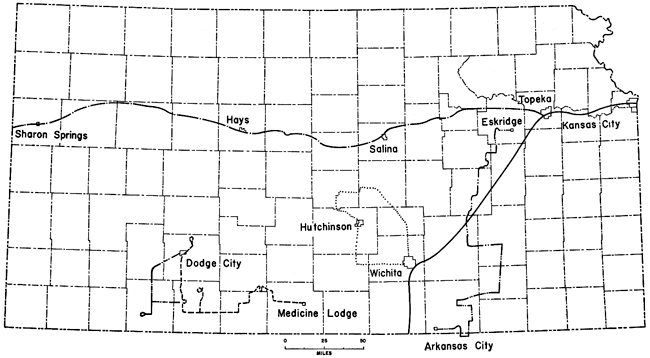 Map of Kansas showing paths of road logs in appexndix.
