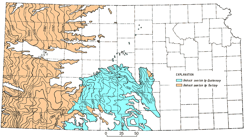 In west, sub-Cenozoic deposits overlain by Tertiary; in east, overlain by Quaternary.