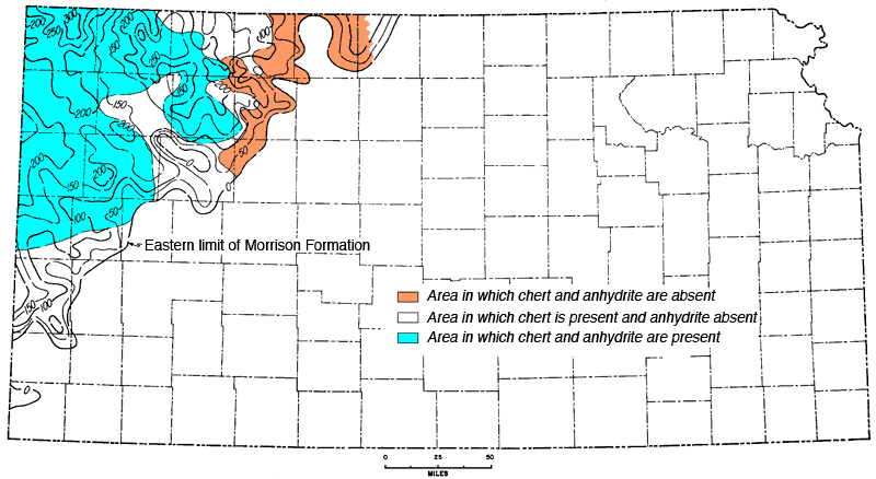 Present in northwest corner; chert and anhydrite are present in far northwest; both are absent in eastern part of range.