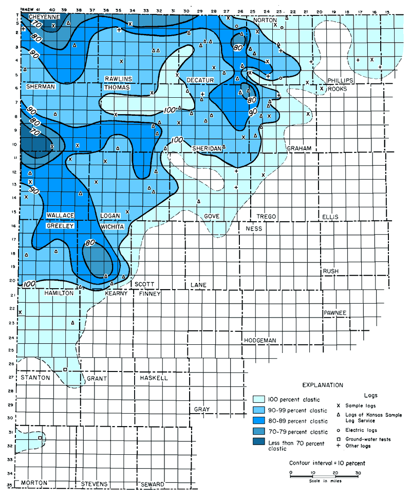 Map shows location and clastic ratio; less than 70% in Sherman and Cheyenne; grades to 100% in boundary from Hamilton, Gove, to Phillips.