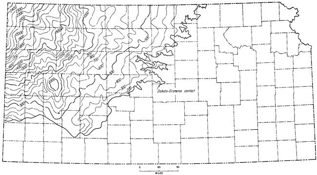 Isopach map between top of Dakota Group and top of Algal limestone; as thick as 2400 feet in NW Kansas, 200 feet in central Kansas at edge of contact; not present in southern or eastern Kansas.