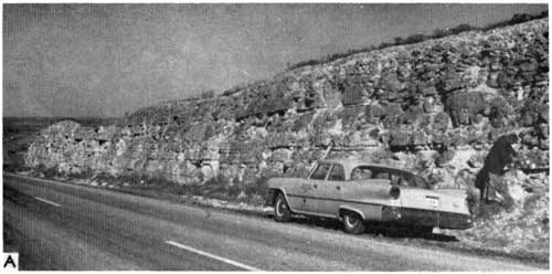 Black and white photo of car next to roadcut; face of cut is about 20-feet thick.