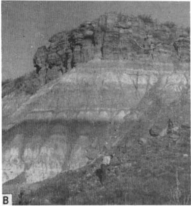 Black and white photo of outcrop; resistant beds at top (8-12 feet?) with smooth but still steep slope beneath.