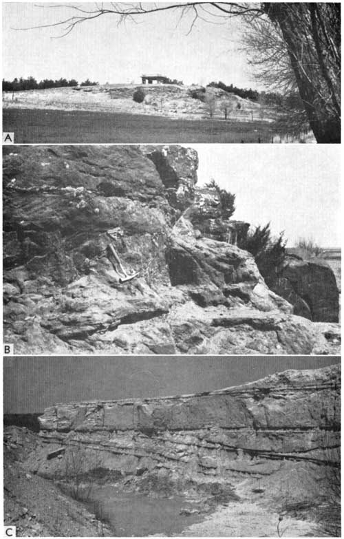 Black and white photos; first is view of Pawnee Rock, a small hill with a stone picnic area on top; outcrop at Pawnee Rock showing some cross bedding; large outcrop in quarry; horizontal top bed with angled lower beds.