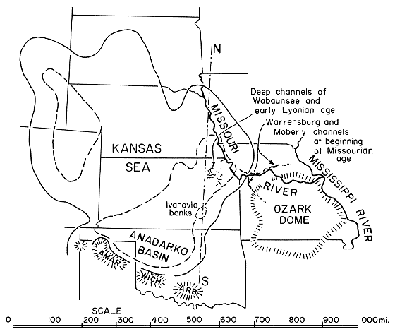 Kansas Sea stretches from northern Oklaoma (Anadarko Basin) to South Dakota and Wyoming; Ozark Dome in central and southern Missouri