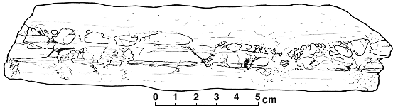 drawing of pull-aparts, total sample 20 cm across, pull-aparts 1 to 5 cm in scale