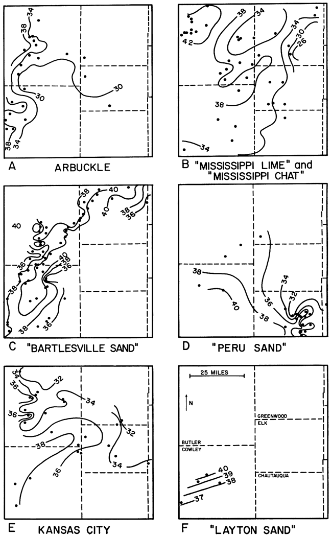 Contour maps of 5-county area in southeast Kansas; API gravity of Arbuckle, Mississippian, Bartlesville, Peru, Kansas City, and Layton oils.
