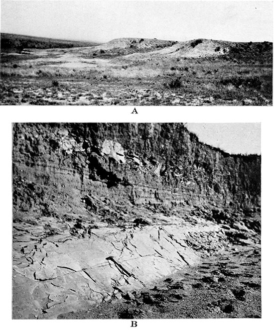 Two black and white photos; top is of Pierre shale and Niobrara chalk; middle is of Niobrara chalk.