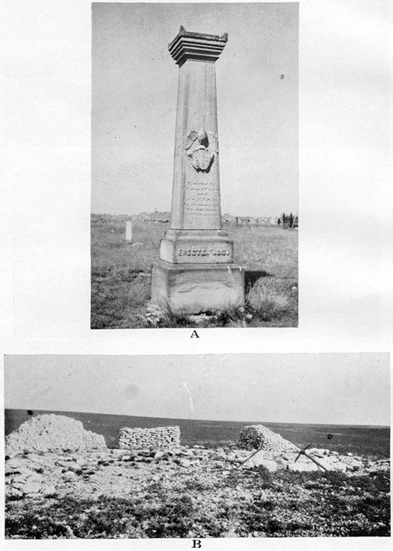 Two black and white photos; top is of monument made of Niobrara chalk; bottom photo is of quarry opened in algal (Chlorellopsis) limestone of Ogallala.