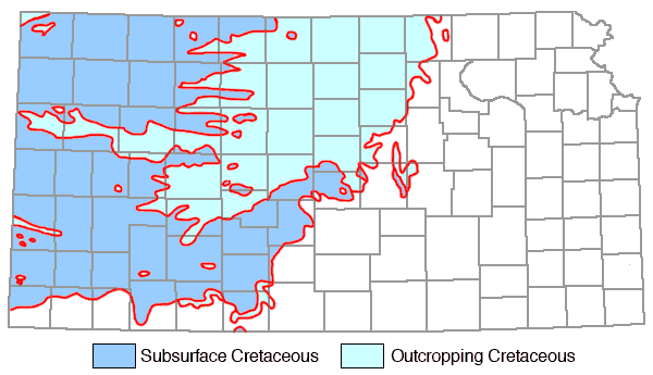Map of Kansas showing subsurface Cretaceous in dark blue (in much of western third of state) and Cretaceous outcrops in light blue (in areas of north-central, central, and western Kansas).