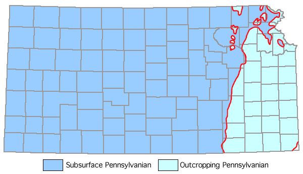 Map showing Pennsylvanian, subsurface (in dark blue in western two-thirds of state) and surface (in light blue and eastern one-third of state)