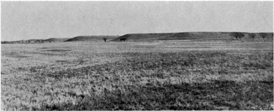 Black and white photo of grasslands with small gentle hills in background.