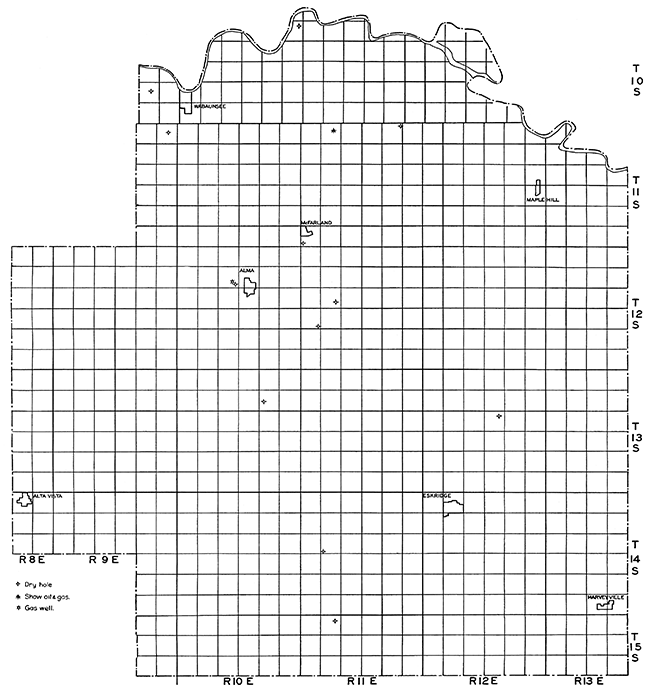 Base map of Wabaunsee County, showing location of wells.