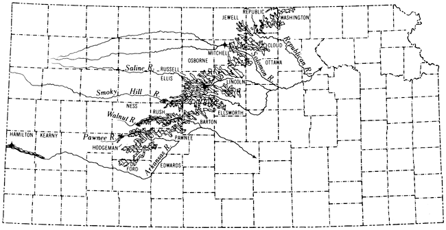 Map of Kansas; outcrop in SW-NE band from Ford and Hodgeman counties to Repoblic and Washington counties.