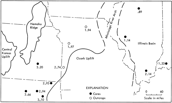 Ratios of .9 to 2 in Illinois Basin; almost 2 to 3 in western Missouri; values of 2 to over 3 in Kansas and Oklahoma.