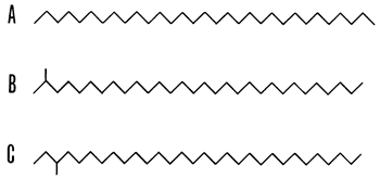 A is a straight zig-zag line; B is a zig-zag line with a stem on the first zig; C is a zig-zag line with a stem on the second zig.