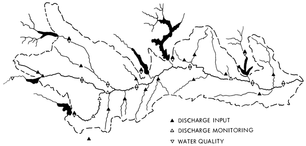 Map shows discharge input locations (where streams enter main river);  discharge and quality locations along main river and stream lines.