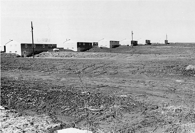 Photo of several small homes along gentle rise; ground is not landscaped, but is leveled behind each house.