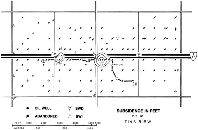 Subsidence of Crawford sink is at least 20 feet; subsidence of Witt sink is at least 10 feet; both are along path of I-70 highway.